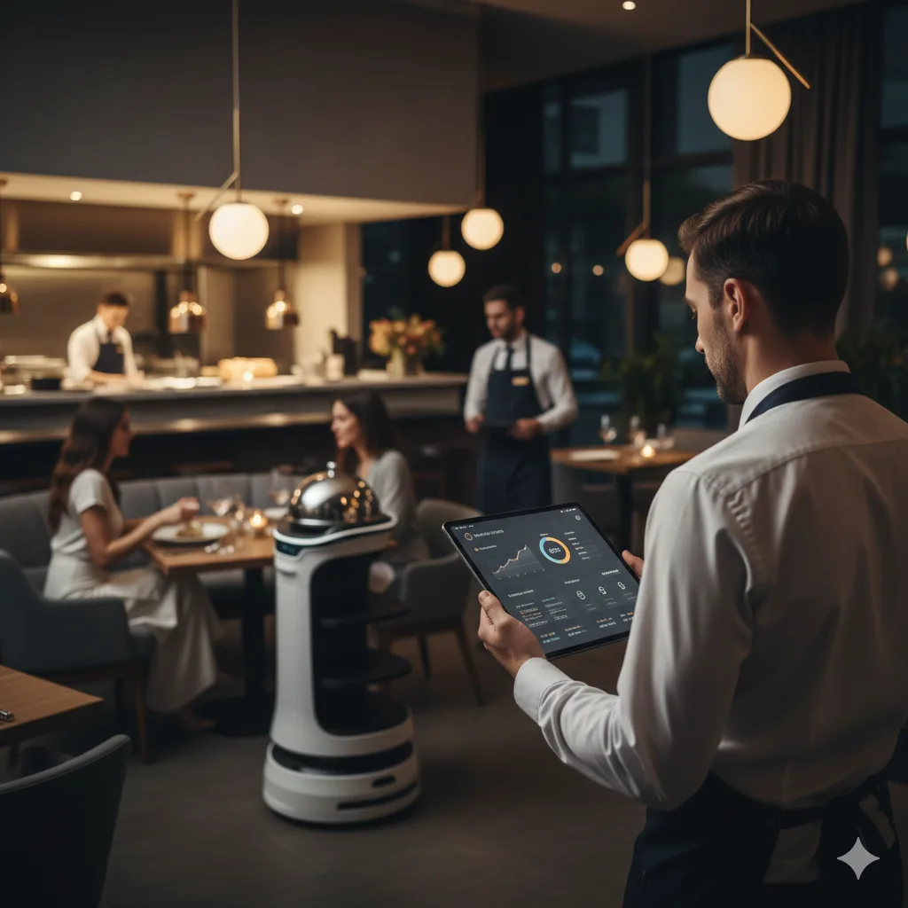 Restaurant automation interface showing order, kitchen, and QR workflow systems
